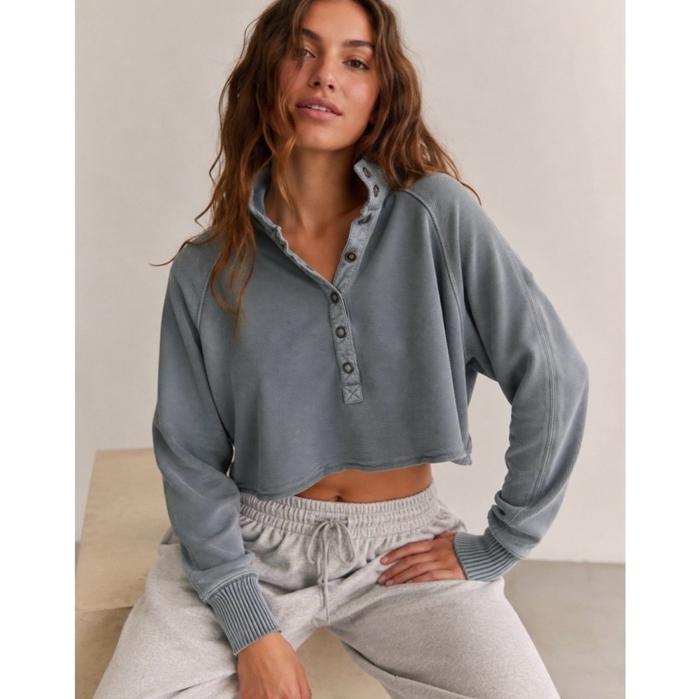 Free People Movement So Fly Henley Ribbed Cropped Pullover Small